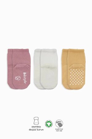 Mey İthalat®   Basic Kaymaz Penye Soket Çorap 3'Lü BS10107 Pudra Ekru Somon