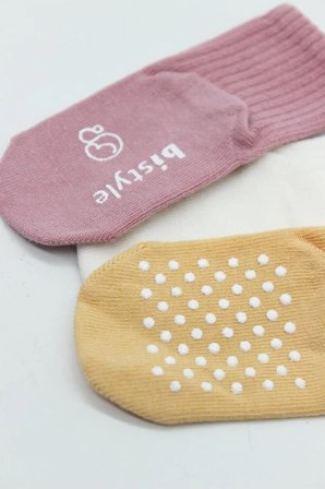Mey İthalat®   Basic Kaymaz Penye Soket Çorap 3'Lü BS10107 Pudra Ekru Somon