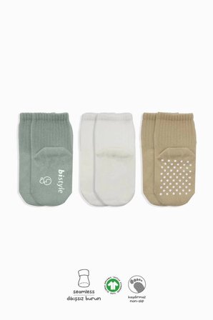 Mey İthalat®   Basic Kaymaz Penye Soket Çorap 3'Lü BS10107 Nil Ekru Bej