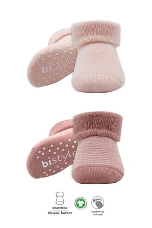 Mey İthalat®   2'Li Çemberli Kaymaz Havlu Soket Çorap 10503 Pudra Pembe