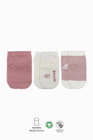Mey İthalat®  Puanlı Kaymaz Penye Soket Çorap 3'Lü BS10108 Pudra