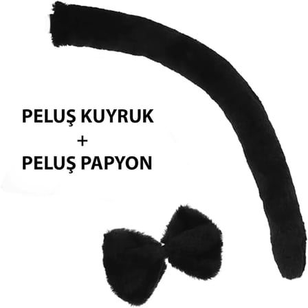 Mey İthalat® Peluş Siyah Renk Kuyruk ve Papyon Yetişkin Çocuk Uyumlu