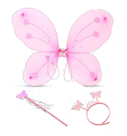 CEYLAN ADAM   Toz Pembe Renk Kelebek Kanadı Tacı ve Sopası 50x37 cm