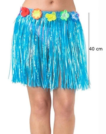CEYLAN ADAM   Yetişkin ve Çocuk Uyumlu Mavi Renk Püsküllü Hawaii Luau Hula Etek 40 cm