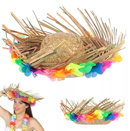 CEYLAN ADAM   Naturel Renk Püsküllü Örme Hasır Hawaii Luau Aloha Şapka 13x36 cm