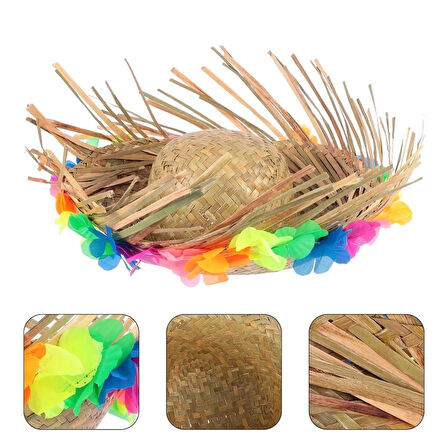 CEYLAN ADAM   Naturel Renk Püsküllü Örme Hasır Hawaii Luau Aloha Şapka 13x36 cm