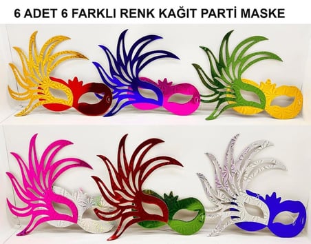 Mey İthalat® Rengarenk Kağıt Malzemeden İmal Parti Balo Maskesi 6 Adet