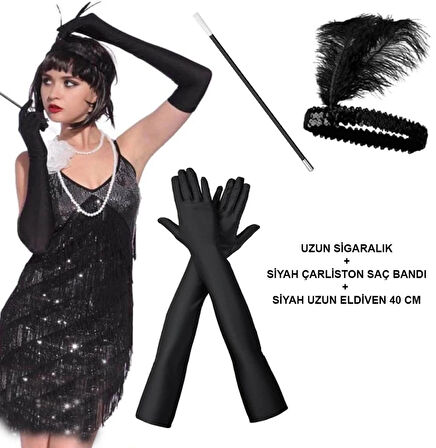 CEYLAN ADAM   1920&amp;#39;ler Gatsby Aksesuar Seti – Siyah Charleston Saç Bandı, Uzun Eldiven &amp; Sigaralık