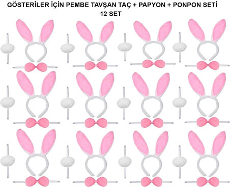 CEYLAN ADAM   Pembe Tavşan Kostüm Seti – Taç, Papyon, Ponpon (12’li Paket)