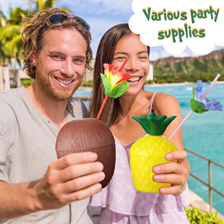 CEYLAN ADAM   Ananas &amp; Hindistan Cevizi Tasarımlı Pipetli Bardak Seti (6 Adet)