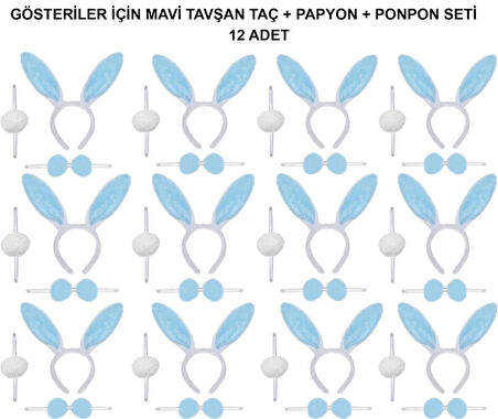 CEYLAN ADAM   Mavi Tavşan Kostüm Seti – Taç, Papyon, Ponpon (12’li Paket)