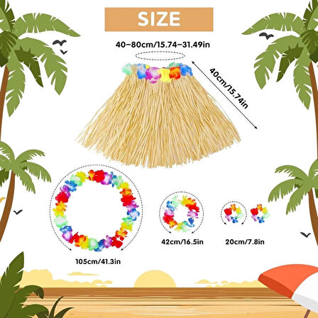 CEYLAN ADAM   Yetişkin Çocuk Hawaii Parti Seti - 40 cm Naturel Etek + Çiçek Aksesuarlar (5 Parça)