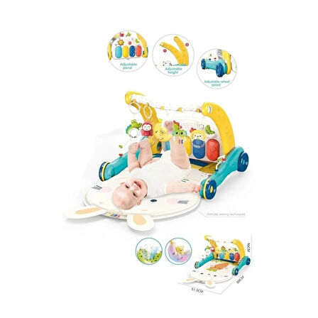 CEYLAN ADAM  BIB6015 -Vardem Piyanolu 2 in 1 Bebek Yürüteci ve Tavşan Desenli Mavi Oyun Halısı