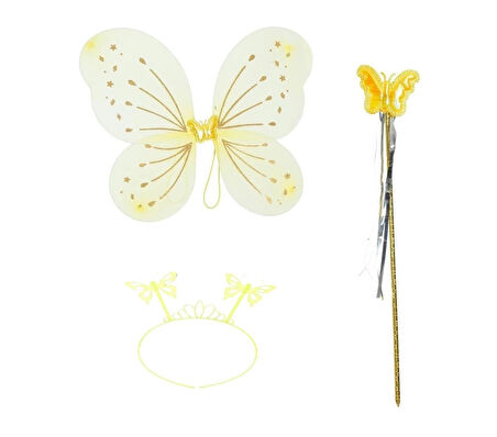 CEYLAN ADAM  Sarı Kelebek Erkek-Kız Seti – 50 cm Kelebek Kanadı, Taç ve Asa