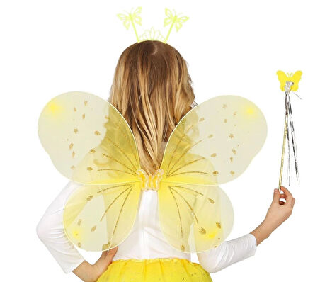 CEYLAN ADAM  Sarı Kelebek Erkek-Kız Seti – 50 cm Kelebek Kanadı, Taç ve Asa