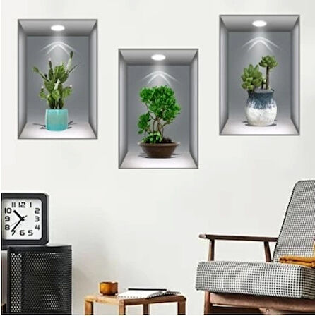 CEYLAN ADAM  3D Çiçek Vazo Duvar Sticker 3 lü Set GRİ Fon