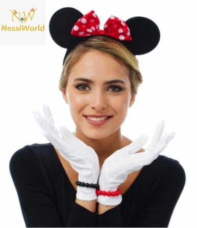 Mey İthalat® Kırmızı Fiyonklu Minnie Mouse Tacı ve Beyaz Eldiven Seti