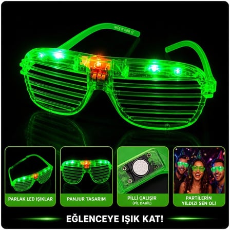Mey İthalat® LED Işıklı Panjur Parti Gözlüğü Yeşil Renk  Gözlük