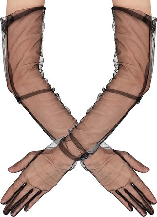 CEYLAN ADAM   Uzun Boy Likralı Siyah Renk Yetişkin Mega Tül Eldiven 53 cm