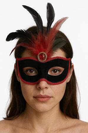 CEYLAN ADAM     Kırmızı Dantelli Siyah Kırmızı Tüylü Siyah Süet Kaplama Parti Maskesi 17x25 cm