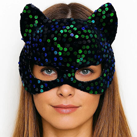 CEYLAN ADAM     Siyah Kadife Kumaş Üzerine Mavi Yeşilli Payetli Pullu Parti Maskesi 16x14 cm