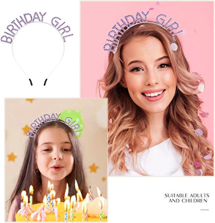 CEYLAN ADAM   Mor Renk Kristal Taşlı Parlak Birthday Girl Yazılı Taç 16x17 cm