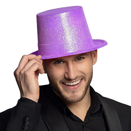 CEYLAN ADAM     Floresan Mor Renk Simli Uzun Fötr Melon Şapka 12 cm