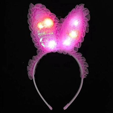 CEYLAN ADAM     Kenarları Dantelli Fuşya Pullu Payetli Led Işıklı Tavşan Kulak Taç 23x19 cm