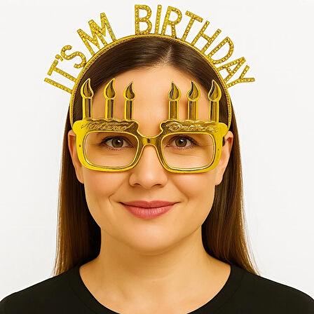 CEYLAN ADAM   İt&amp;#39;sMyBirthdayYazılıTaçveMumŞekilliGözlükSetiAltınRenk