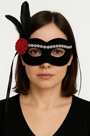 CEYLAN ADAM  Siyah Renk Süet Kaplama Gümüş Dantelli Kırmızı Gül Tasarımlı Parti Maskesi 18x20 cm