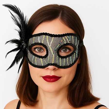 CEYLAN ADAM  Siyah Renk Yandan Tüylü Pul Payet İşlemeli Parti Maskesi 23x12 cm