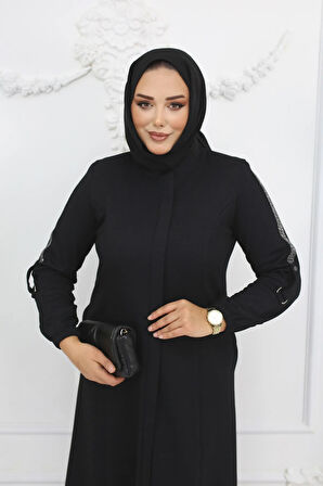 Siyah Kol Taş Detaylı Apoletli Fermuarlı Büyük Beden Kadın Ferace - Mf-2248