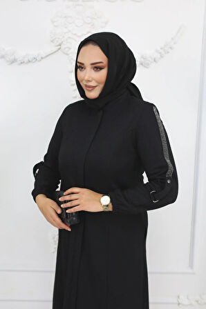 Siyah Kol Taş Detaylı Apoletli Fermuarlı Büyük Beden Kadın Ferace - Mf-2248