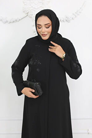 Siyah Çiçek Taş Işlemeli Fermuarlı Büyük Beden Kadın Ferace Mf-2254