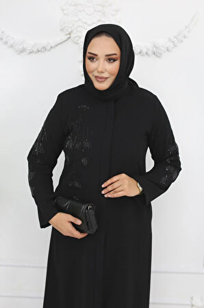 Siyah Çiçek Taş Işlemeli Fermuarlı Büyük Beden Kadın Ferace Mf-2254