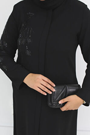 Siyah Çiçek Taş Işlemeli Fermuarlı Büyük Beden Kadın Ferace Mf-2254