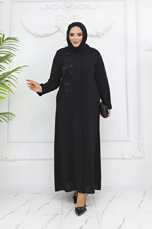 Siyah Çiçek Taş Işlemeli Fermuarlı Büyük Beden Kadın Ferace Mf-2254