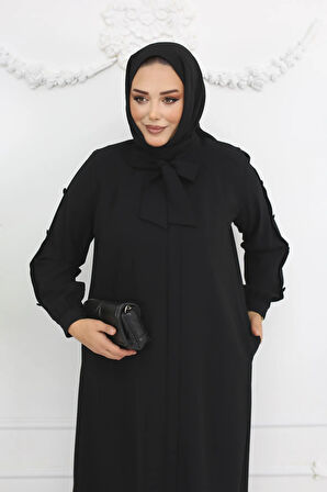 Siyah Fularlı Düğme Detaylı Fermuarlı Büyük Beden Kadın Ferace Mf-2257