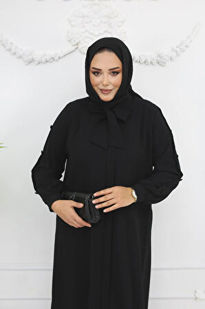 Siyah Fularlı Düğme Detaylı Fermuarlı Büyük Beden Kadın Ferace Mf-2257