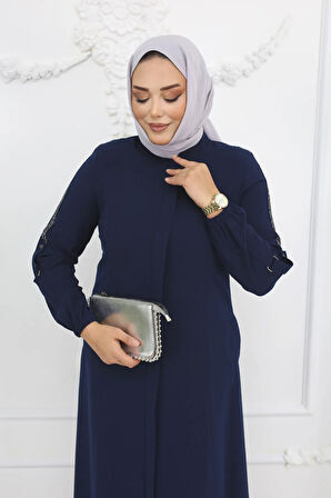 Lacivert Taş Işlemeli Apoletli Fermuarlı Büyük Beden Kadın Ferace - Azra Ferace