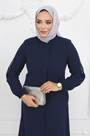 Lacivert Taş Işlemeli Apoletli Fermuarlı Büyük Beden Kadın Ferace - Azra Ferace