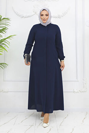 Lacivert Taş Işlemeli Apoletli Fermuarlı Büyük Beden Kadın Ferace - Azra Ferace