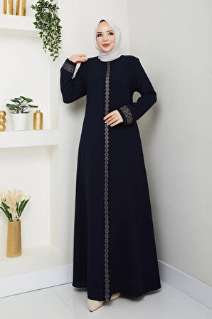 Lacivert Boydan Fermuarlı Papatya İşlemeli Büyük Beden Ferace