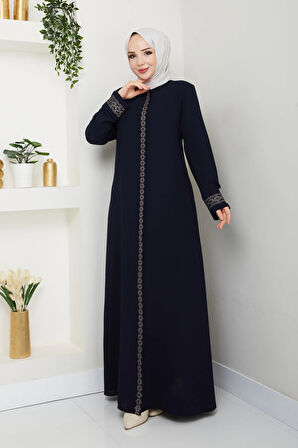 Lacivert Boydan Fermuarlı Papatya İşlemeli Büyük Beden Ferace