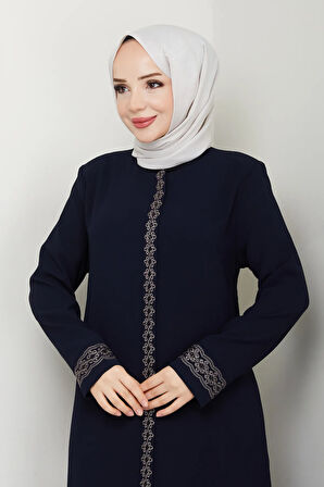 Lacivert Boydan Fermuarlı Papatya İşlemeli Büyük Beden Ferace