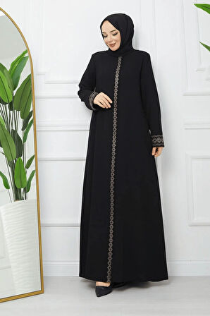 Siyah Boydan Fermuarlı Papatya Işlemeli Büyük Beden Ferace