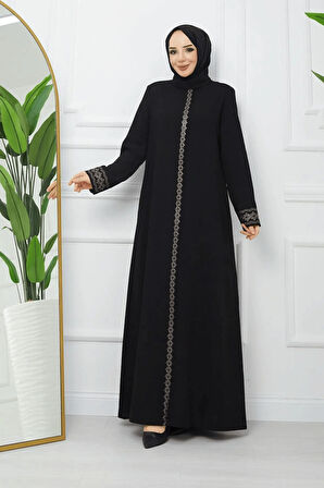 Siyah Boydan Fermuarlı Papatya Işlemeli Büyük Beden Ferace