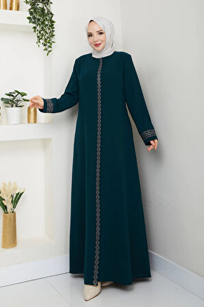 Zümrüt Boydan Fermuarlı Papatya Işlemeli Büyük Beden Ferace