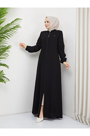 Siyah Hakim Yaka Fermuarlı Büyük Beden Şık Tasarım Spor Ferace Mf-4002