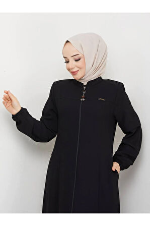 Siyah Hakim Yaka Fermuarlı Büyük Beden Şık Tasarım Spor Ferace Mf-4002